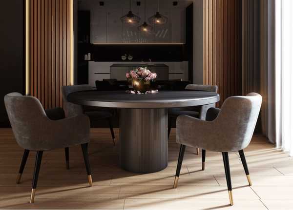 designer chairs in a wood panelled room